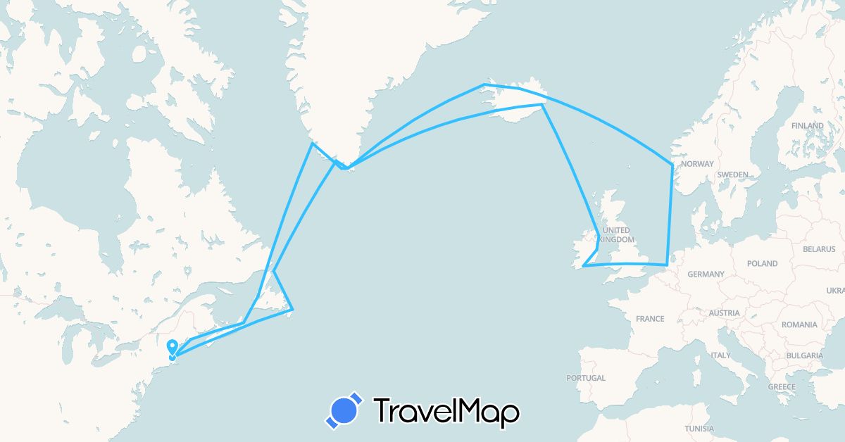 TravelMap itinerary: driving, boat in Canada, United Kingdom, Greenland, Ireland, Iceland, Netherlands, Norway, United States (Europe, North America)